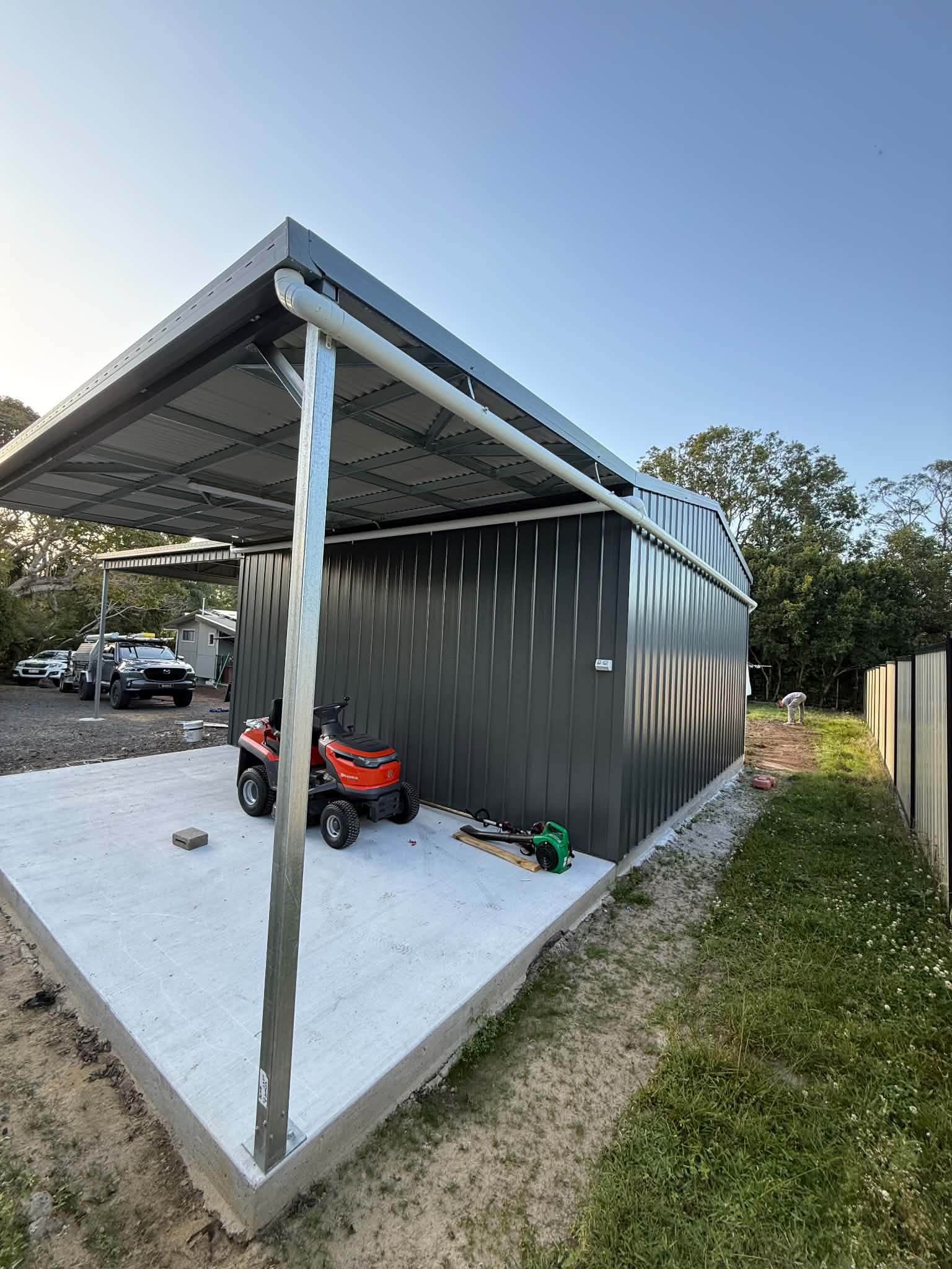 New shed and carport exterior with guttering